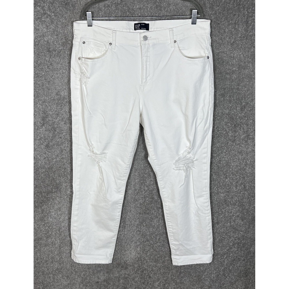 Gap Denim Distressed Girlfriend Jeans Womens Size 16 Optic White Pockets Stretch